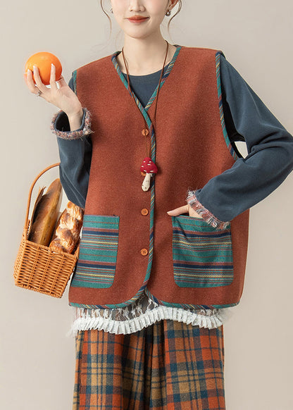 Red Striped Pockets Button Waistcoat and Top Two Piece Set Spring