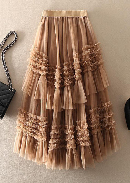 Khaki Asymmetrical Design Tulle Tiered Fall Skirt