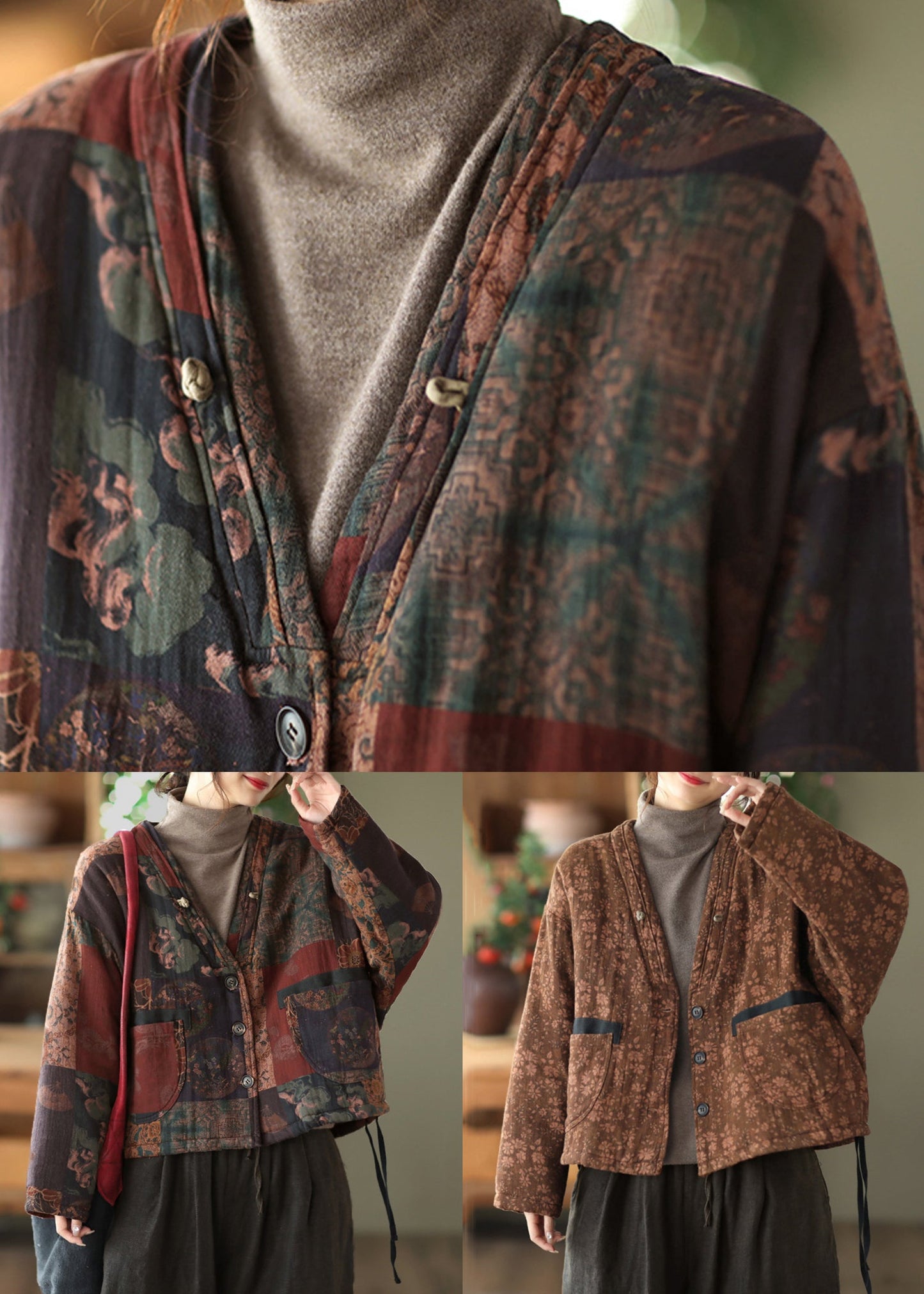 Khaki Button Pockets Patchwork Cotton Coat Fall