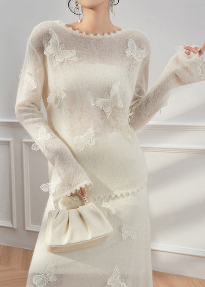 Slim Fit White Butterfly Sweaters and Skirts Knit Two Pieces Set Fall