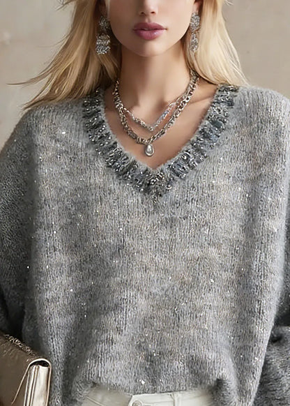 Organic Grey V Neck Zircon Cotton Knit Short Sweater Lantern Sleeve