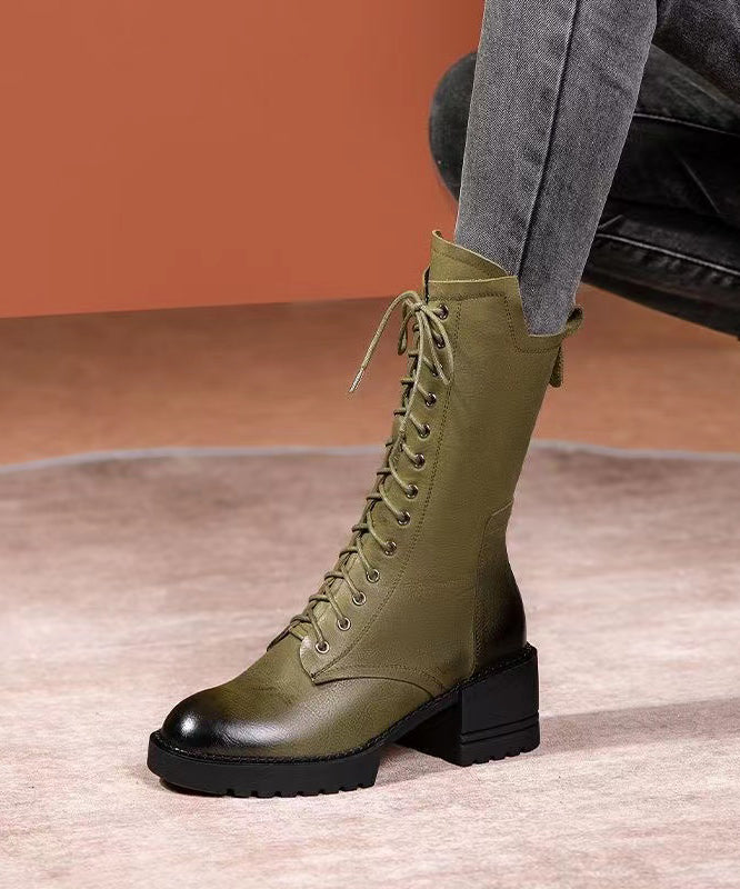 Splicing Chunky Boots Green Cowhide Leather Lace Up