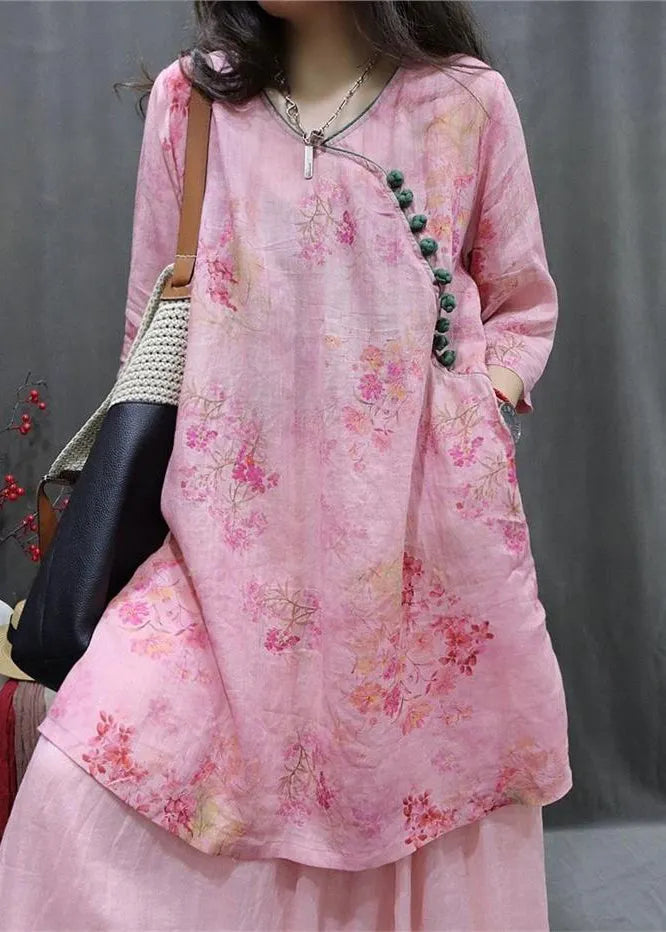 Loose Pink Print Side Open Linen Blouse Half Sleeve