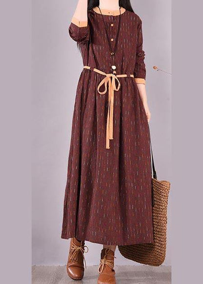 Modern O Neck Tie Waist Spring Wardrobes Shirts Burgundy Striped Dresses