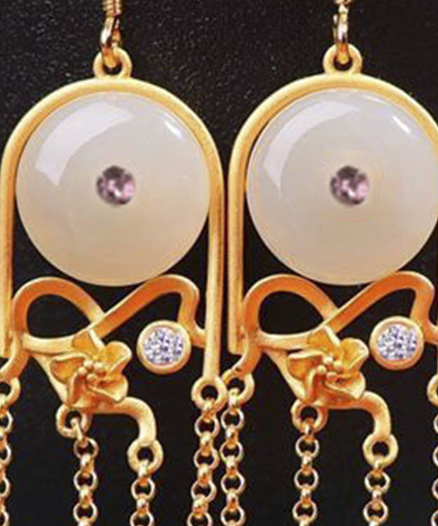 White Tassel Silver Gold Plated Jade Drop Earrings