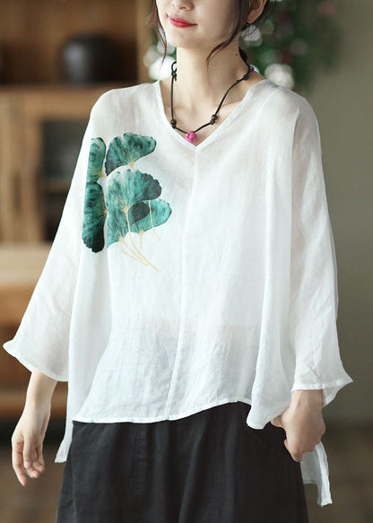 White V Neck Print Linen Shirt Top Batwing Sleeve