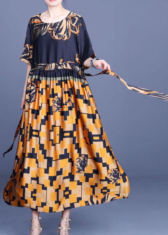 Navy Print Silk Tie Waist Mid Dress Summer