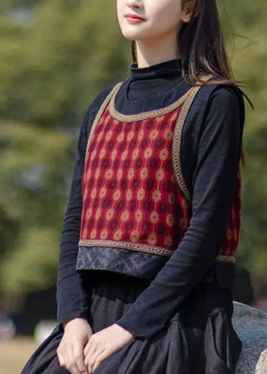 Italian Red O-neck Patchwork Print Cotton Vest Spring