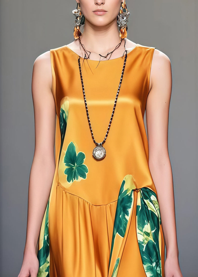 Yellow Print Draping Silk Maxi Dresses Sleeveless