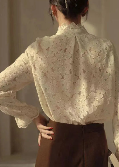 French Beige Stand Collar Lace Warm Fleece Top Long Sleeve