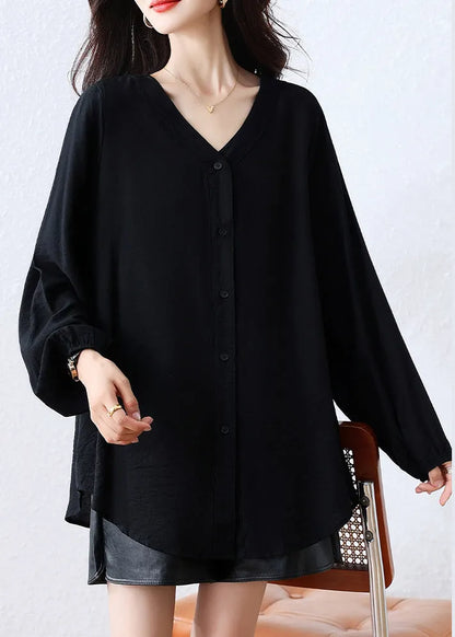Black Oversized Cotton Blouse Top Fall