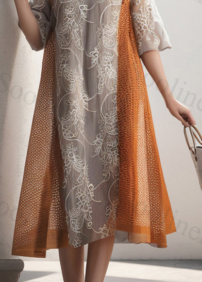 Orange O Neck Print Patchwork Silk Dresses Summer
