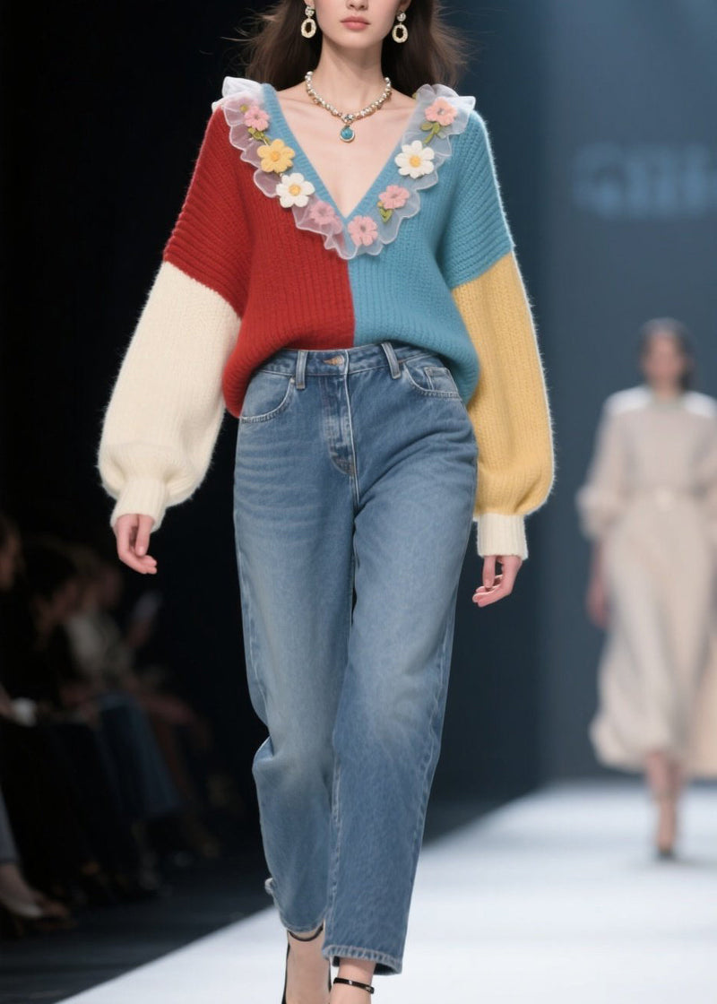 V Neck Ruffled Knit Sweaters Winter