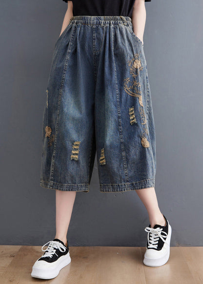Blue Embroidered Hole Crop Jeans