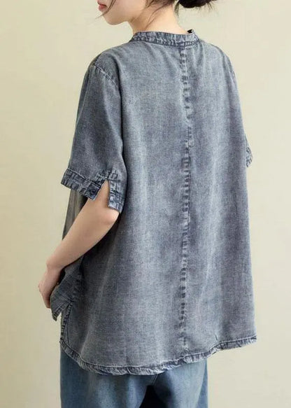 Blue Grey Denim Plaid Patchwork Summer Tops Short Sleeve