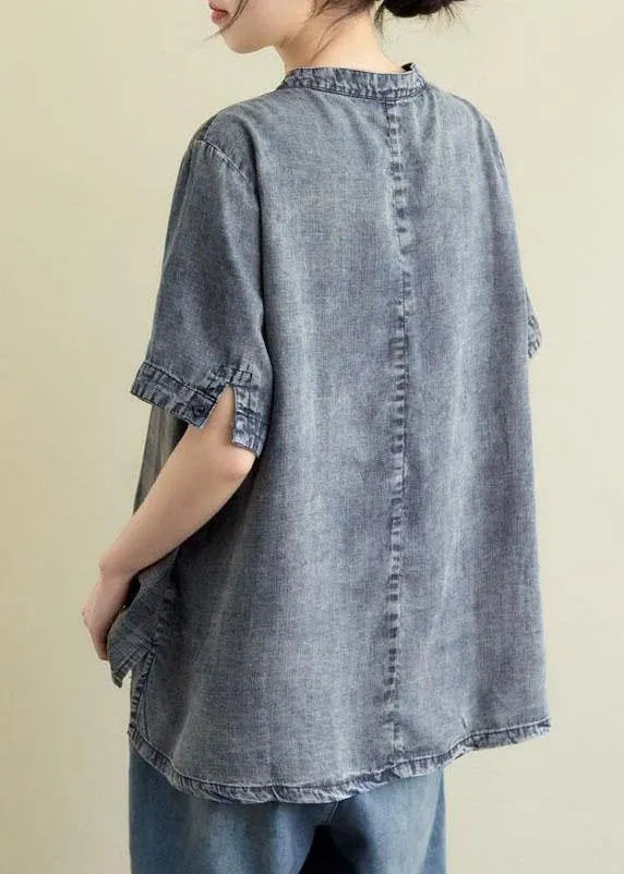 Blue Grey Denim Plaid Patchwork Summer Tops Short Sleeve