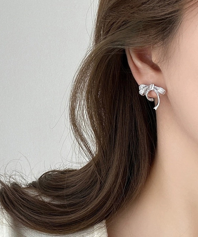 Fine Silk Sterling Silver Zircon Bow Stud Earrings