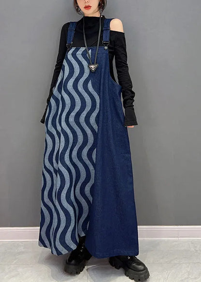 Blue Patchwork Cotton Denim Strap Dresses Spring
