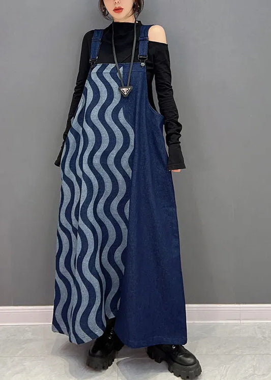 Blue Patchwork Cotton Denim Strap Dresses Spring