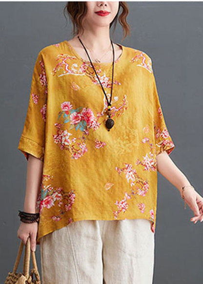 Yellow O-neck Print Linen Tank Tops Half Sleeve