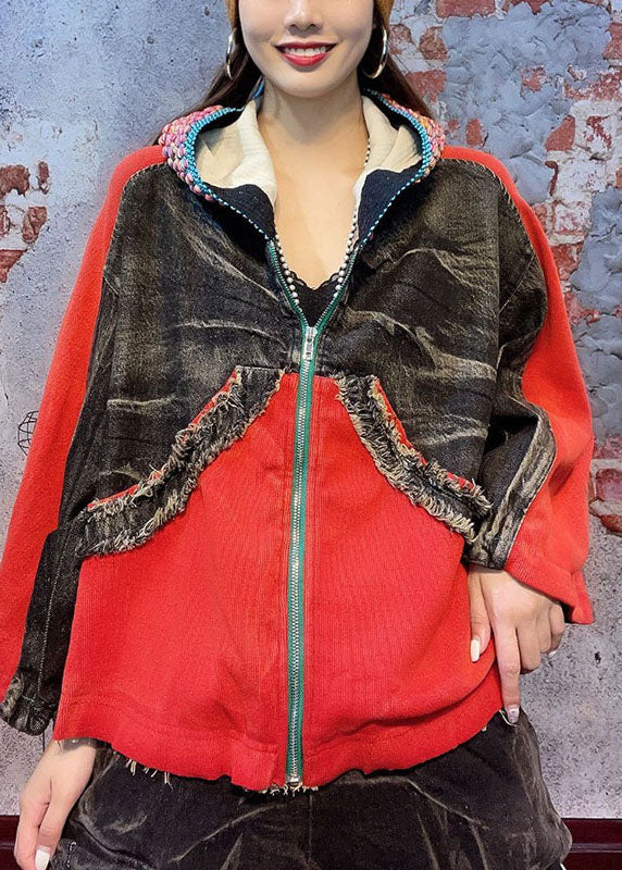 Loose Red Hooded Zippered Fall Denim Coat Long Sleeve