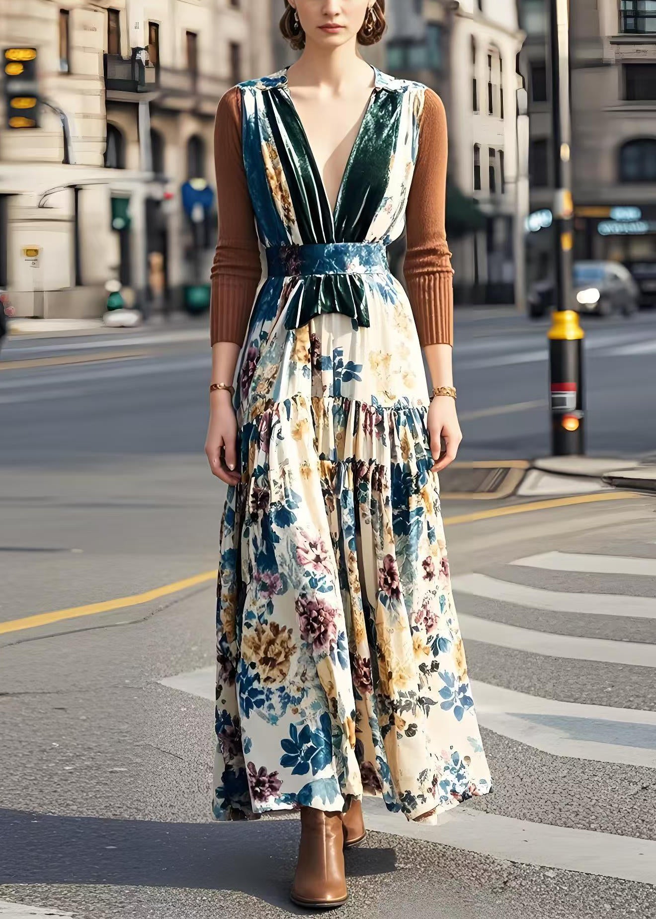 V Neck Patchwork Print Silk Velour Long Dress Fall