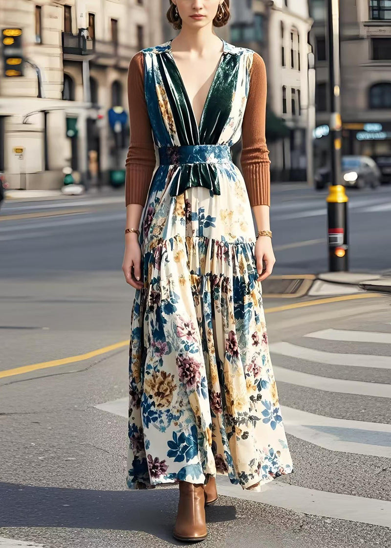 V Neck Patchwork Print Silk Velour Long Dress Fall