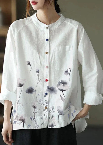 Modern White Loose Patchwork Pockets Fall Long Sleeve Blouse Top