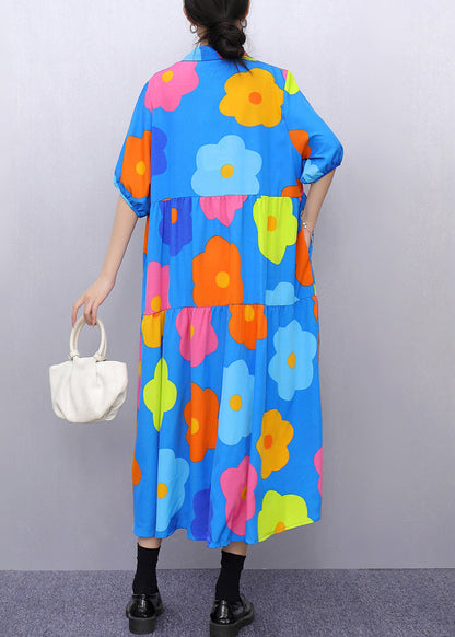 Blue Print Pockets Patchwork Cotton Blouses Dresses Half Sleeve Summer