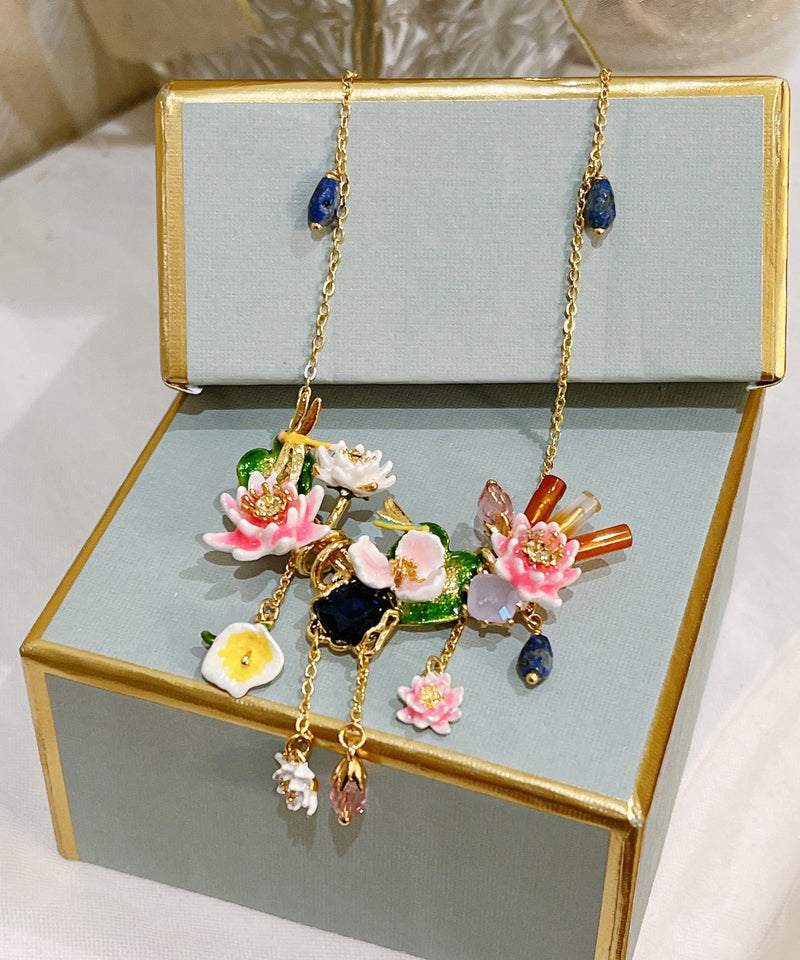 Gold Sterling Silver Overgild Dragonfly Gem Stone Lotus Leaf Pendant Necklace