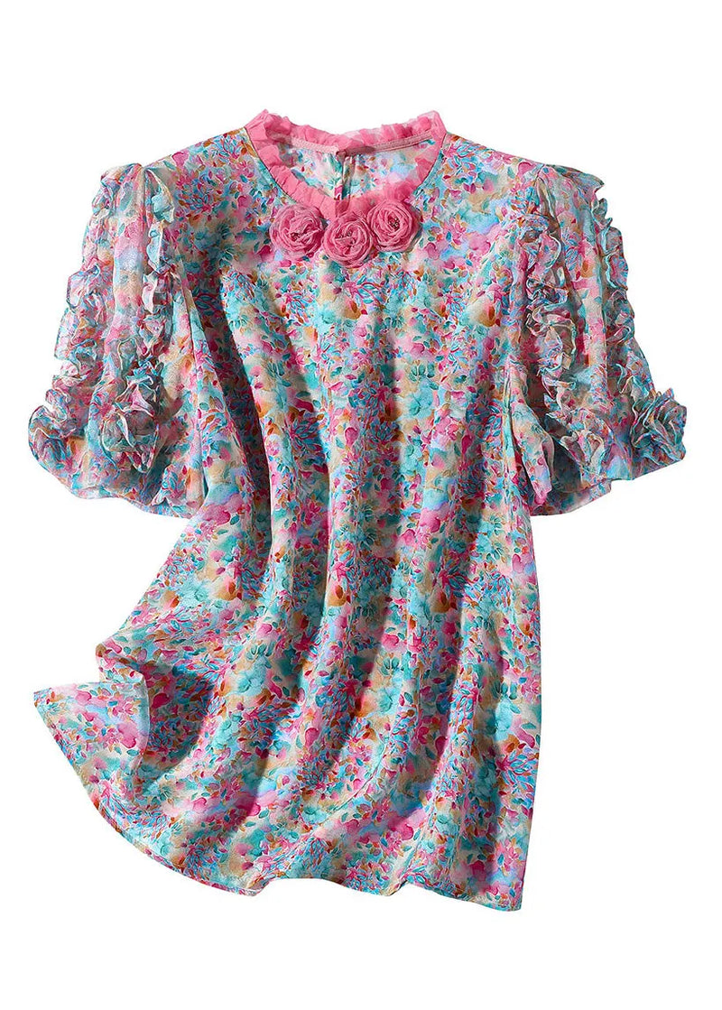 Ruffled Print Button Silk Top Short Sleeve