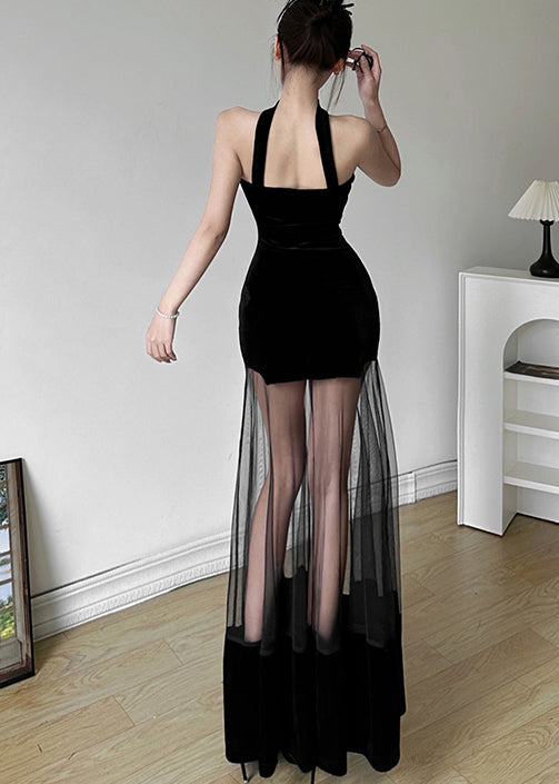 Black Backless Tulle Patchwork Dress for Summer