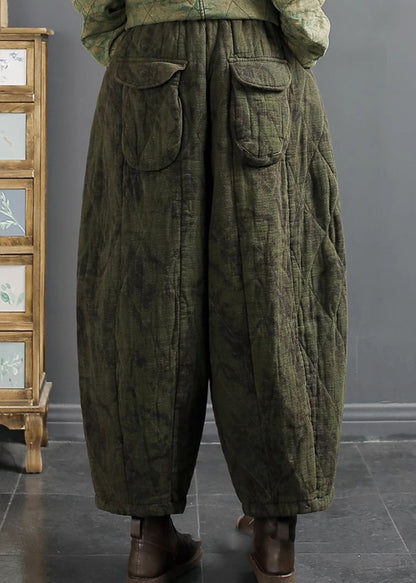 Retro Green Embroideried Elastic Waist Fine Cotton Filled Lantern Pants Winter