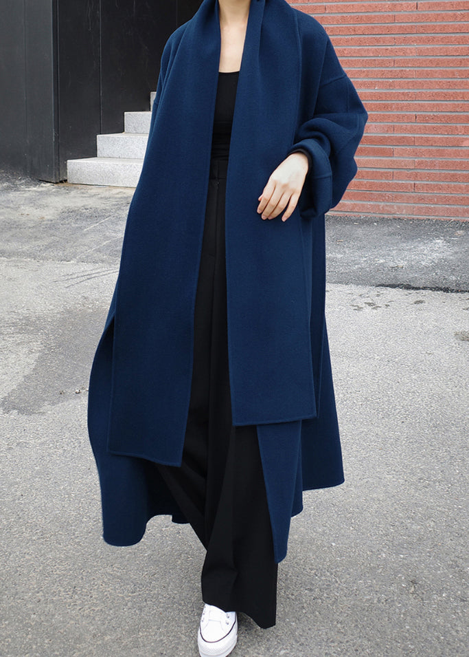 Blue Notched Tie Waist Woolen Coats Long Sleeve Winter