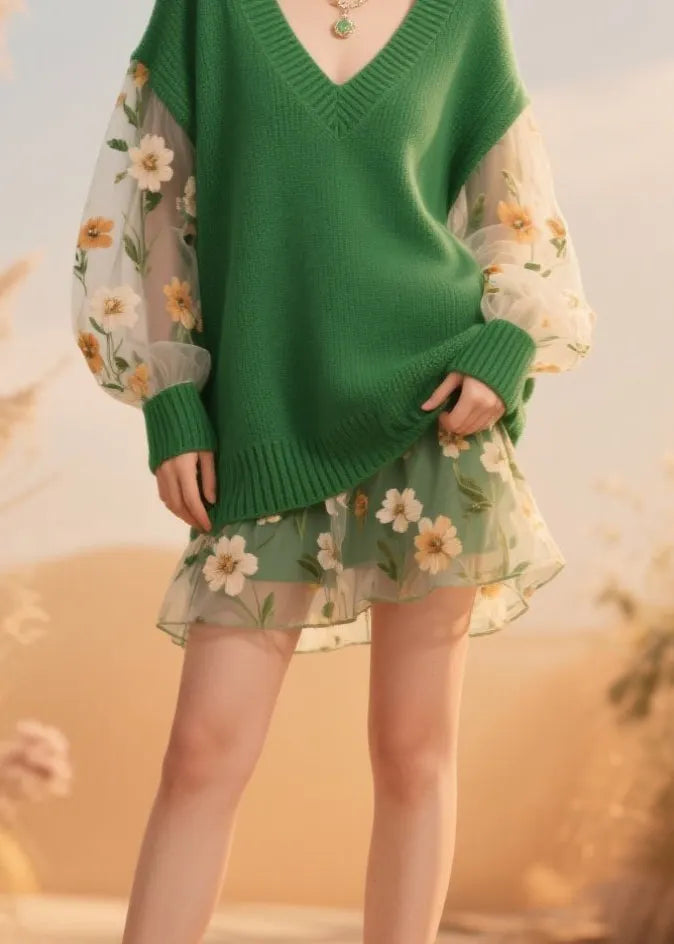 Green V Neck Tulle Patchwork Knit Sweaters Fall