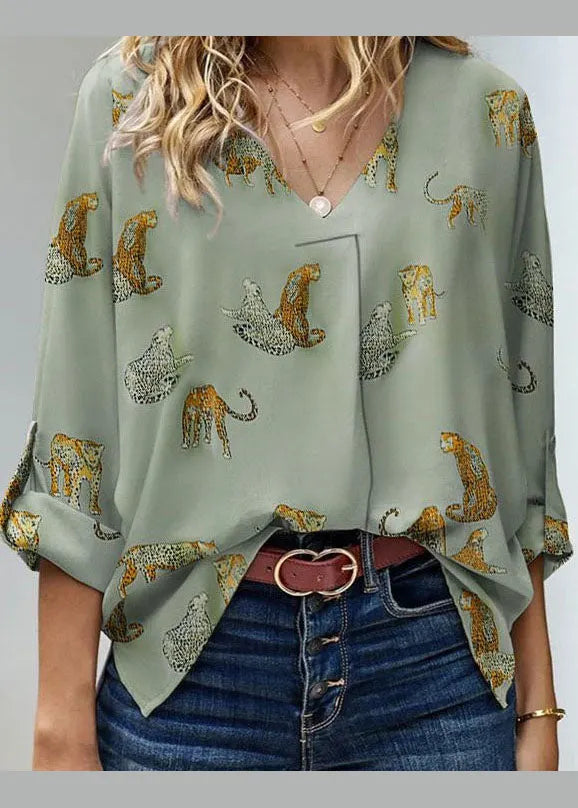 Italian Light Yellow V Neck Animal Print Chiffon Shirt Long Sleeve