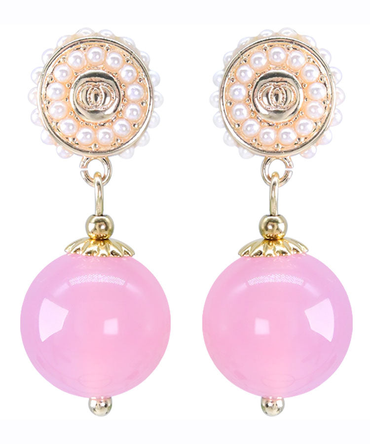 Pink Sterling Silver Pearl Chalcedony Ball Drop Earrings