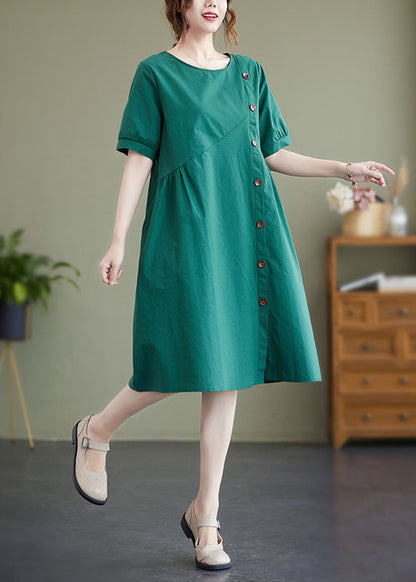 Green Patchwork Wrinkled Button Cotton Vacation Dresses Summer
