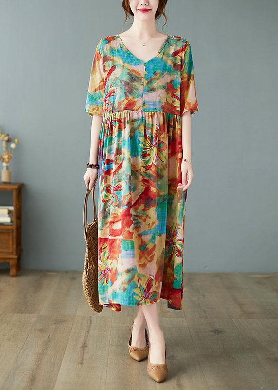 Handmade Print V Neck Patchwork Pockets Summer Long Dresses Half Sleeve