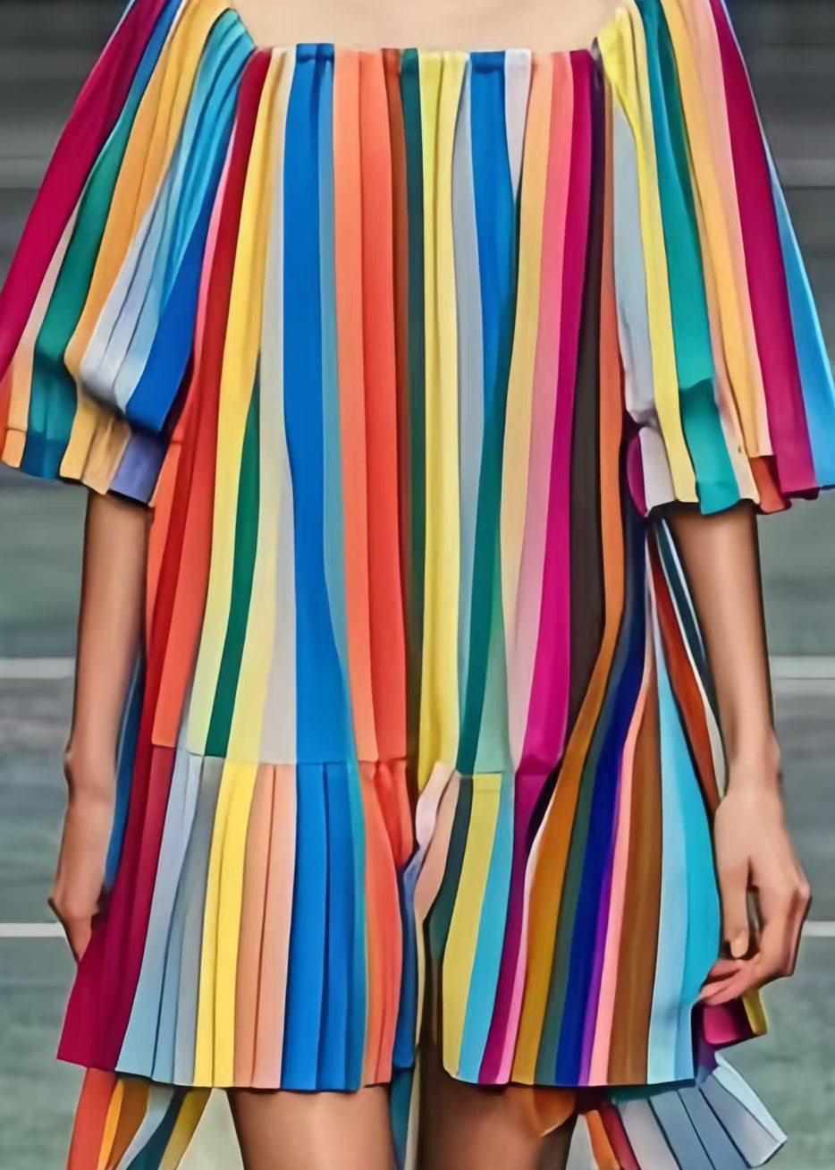 Rainbow Square Colla Striped Chiffon Tea Dress Summer