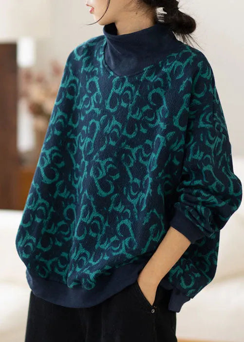 Navy Turtle Neck Print Warm Fleece Sweatshirts Top Spring