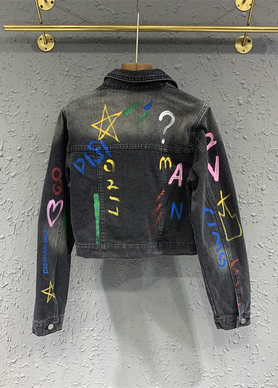 Black Gray Lapel Graffiti Denim Jacket Autumn