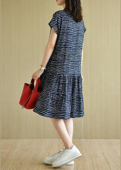 Organic Navy O-neck Button Print Summer Short Sleeve Dress