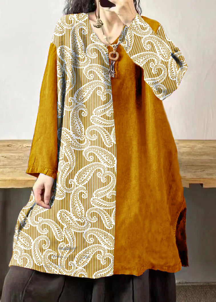 Black Flower V Neck Embroidered Patchwork Linen Mid Dresses Fall