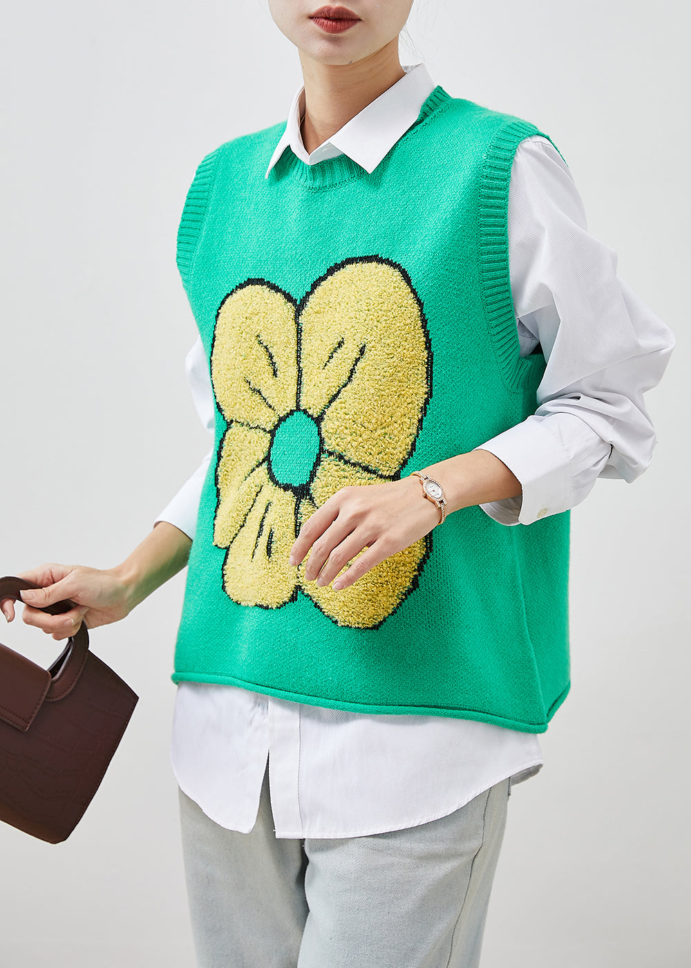Green Jacquard Knit Vest Tops Spring