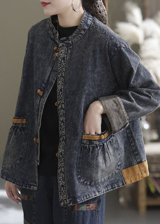 Italian Blue Stand Collar Button Denim Jackets Spring