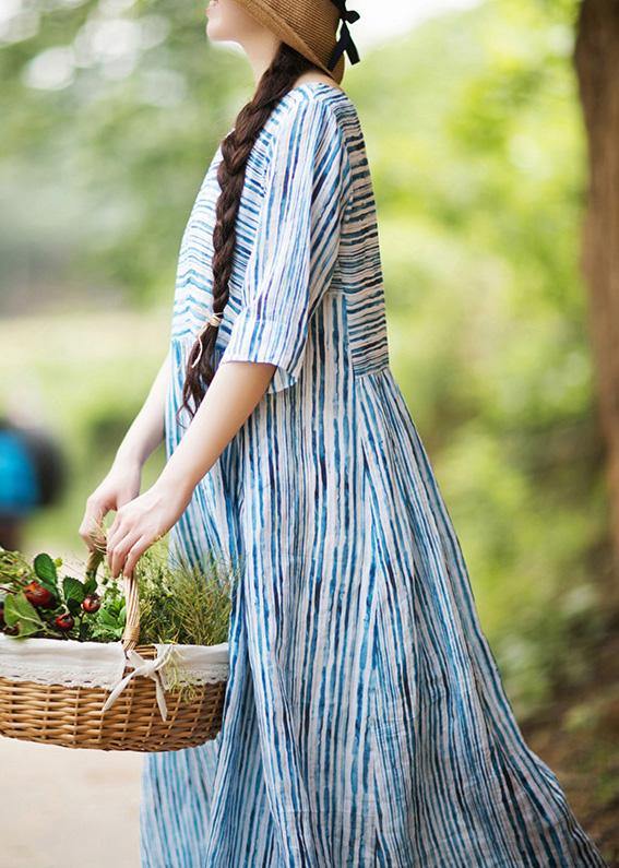 Modern O Neck Patchwork Summer Dress Sewing Blue Striped Maxi Dresses