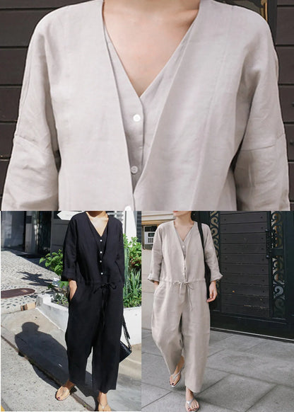 Grey V Neck Button Linen Jumpsuit Spring