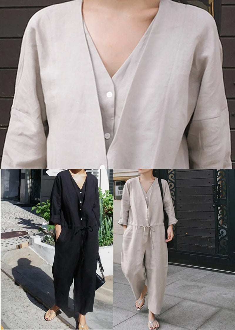 Grey V Neck Button Linen Jumpsuit Spring