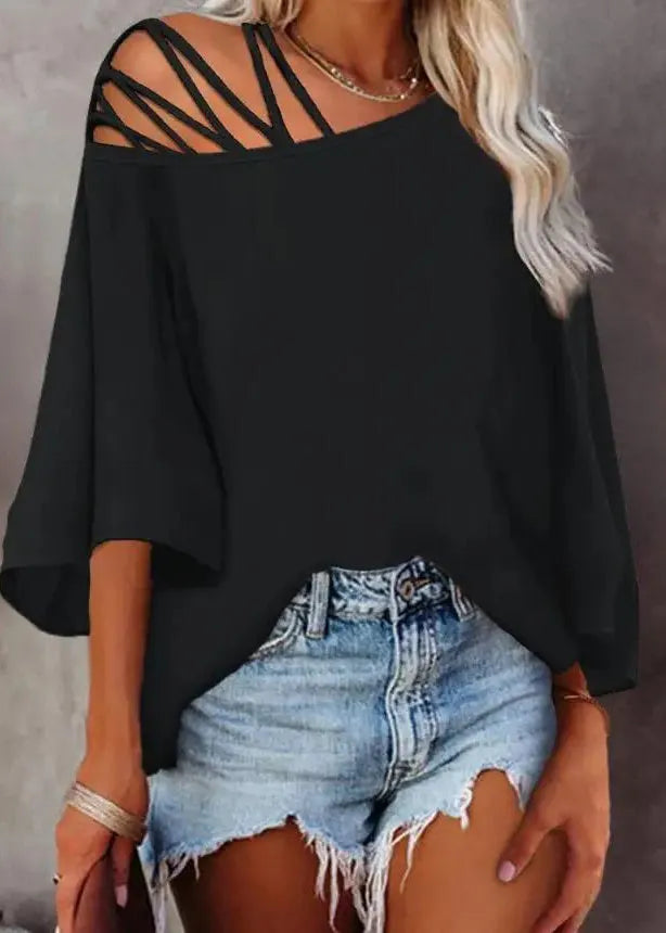 New Black Hollow Out Loose Top Batwing Sleeve
